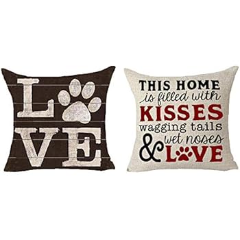 Queen's designer 2 Piece Set Saying This Home is Filled with Kisses Wagging Tails Wet Noses and Love Dog Claw Animal Cotton Linen Decorative Throw Pillow Case Cushion Cover Square 18