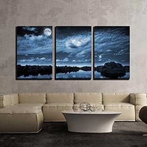 3 Piece Canvas Wall Art - Beautiful Full Moon Reflecting in a Lake - Modern Home Art Stretched and Framed Ready to Hang - 16"x24"x3 Panels