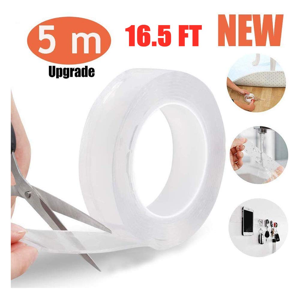 Washable Non-Stick Tape, Double Sided Tape Transparent, Nano Removable Tape, Multifunctional Reusable Non-Slip for Walls, Kitchen, Carpet Fastening (5M)