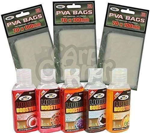 60 x PVA Bags 70 X 100mm 5x 100ml Bait Glugs Halibut Scopex Strawberry Tutti & Krill
