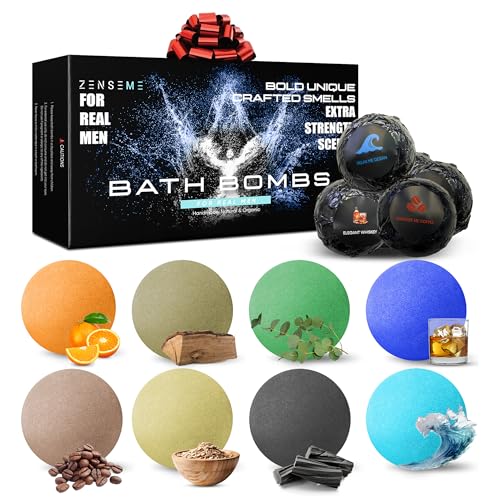 Bath Bombs for Men - Gift Set of 8 Scented Organic Handmade Bath Bombs of 2.5 oz with Natural Essential Oils, Unique Strong Manly Scents, for Boyfriend, Husband, Father or Friend, by ZenseMe