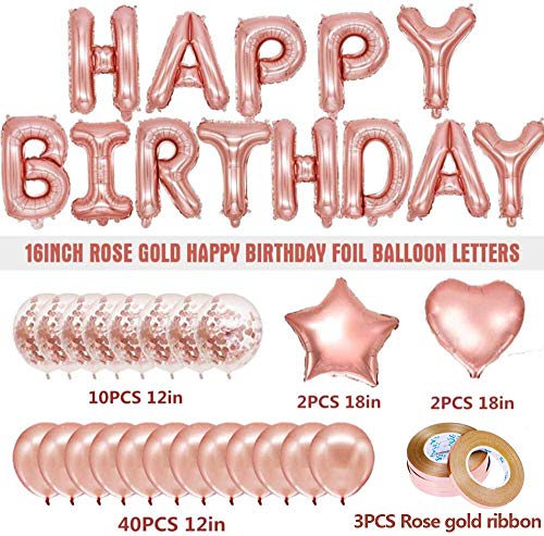 Rose Gold Birthday Decorations, Vita 70pcs Happy Birthday Banner Rose Gold Latex Foil Conffetti Balloons for Woman/Girl Birthday Wedding Anniversary Ceremony Baby Shower
