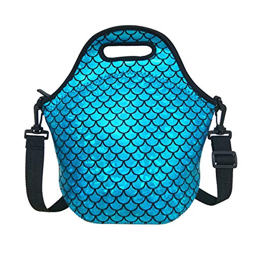 Insulated Lunch Bag, Neoprene Shoulder Lunch Tote Boxes Bags for Women Men Kids Work Office Outdoor Picnic Travel, Mermaid Scale (Blue) - Thumbnail 6
