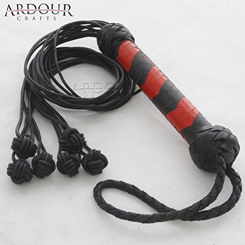 Genuine / Real Black Leather Handle Flogger with sturdy Knot on each string whip.