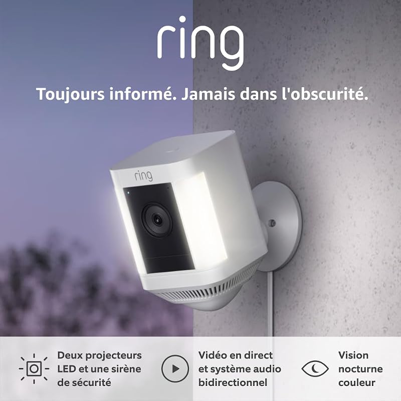 Caméra Spotlight Plus avec adaptateur secteur (Spotlight Cam Plus Plug-in)| Caméra de surveillance extérieure wifi HD, audio bidirectionnel, projecteurs LED | Essai Ring Home gratuit 30 j.