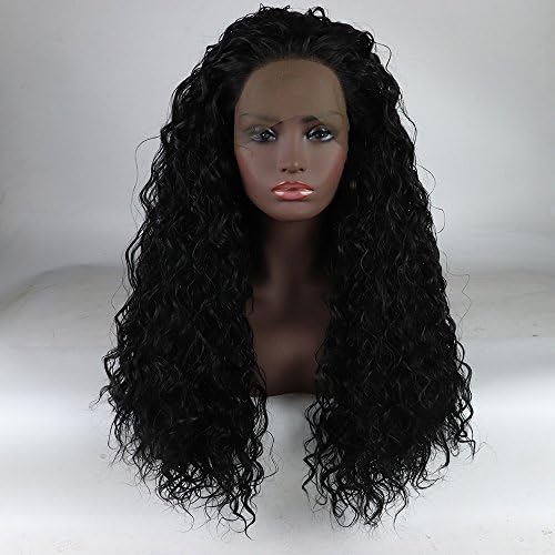 Loose Curly Lace Front Wig Natural Black Hair Heat Resistant Fibers Synthetic Lace Front Wig Glueless Half Hand Tied For All Women 24 inch(Black)