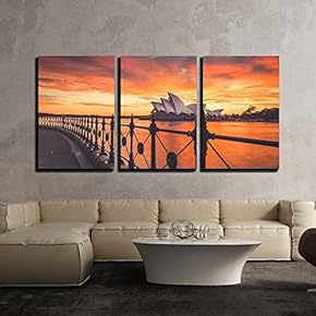 3 Piece Canvas Wall Art - Sydney Opera House at Sunset Time - Modern Home Art Stretched and Framed Ready to Hang - 16"x24"x3 Panels