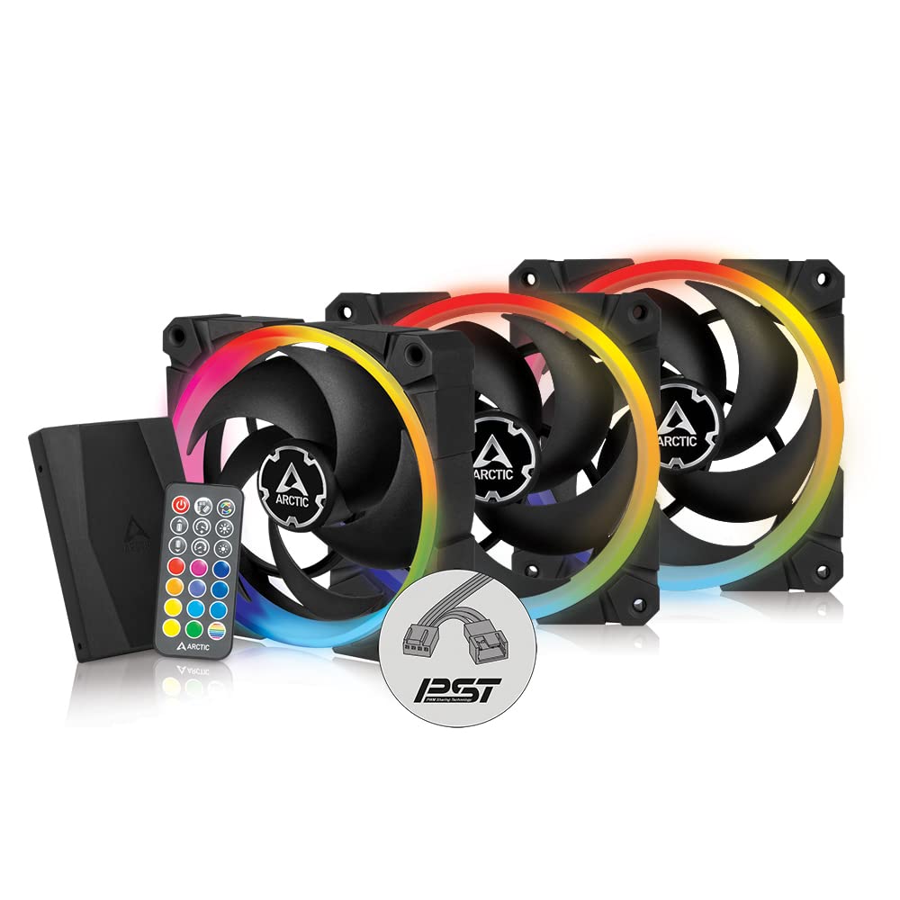 ARCTIC BioniX P120 A-RGB (3 Pack, incl. A-RGB Controller) - 120 mm Pressure-Optimised Fan with A-RGB, PWM, Cooler, Fluid Dynamic Bearing, 400-2300 RPM - Black