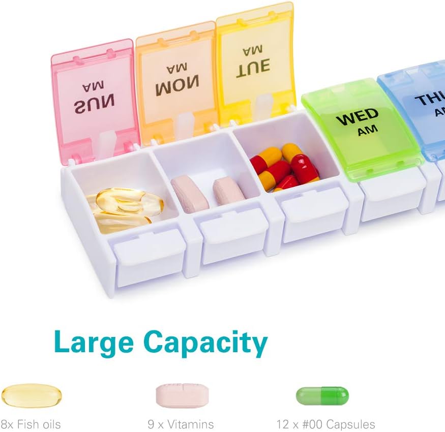 AM PM Weekly 7 Day Pill Organizer, Sukuos Large Daily Pill Cases Pill Box with Easy Push Button Design for Pills/Vitamin/Fish Oil/Supplements (Rainbow): Health & Personal Care