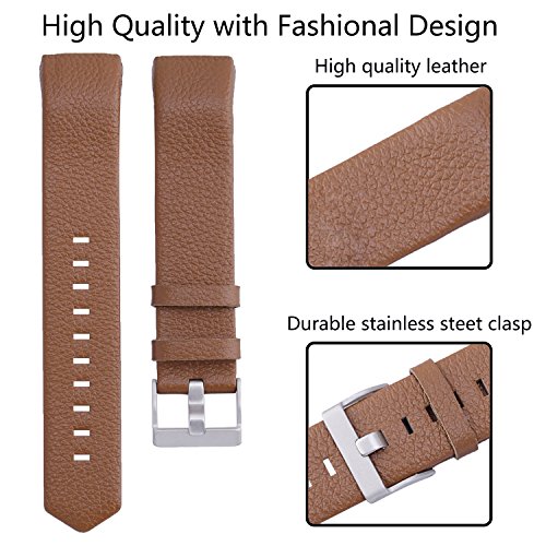 Henoda Replacement Bands Compatible with Fitbit Charge 2, Classic Genuine Leather Charge 2 Band Fitness Wristband for Women Men Small Large Matt Brown