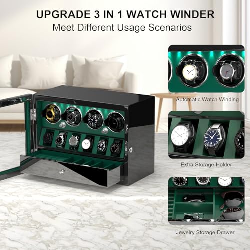 DUKWIN Watch Winder for 2/4/6/8 Automatic Watches with Key Lock, 3/6 Extra Watch Storages,4 Rotation Modes, LED Light, Super Quiet Motor, Spring Watch Pillows for Men＆Women