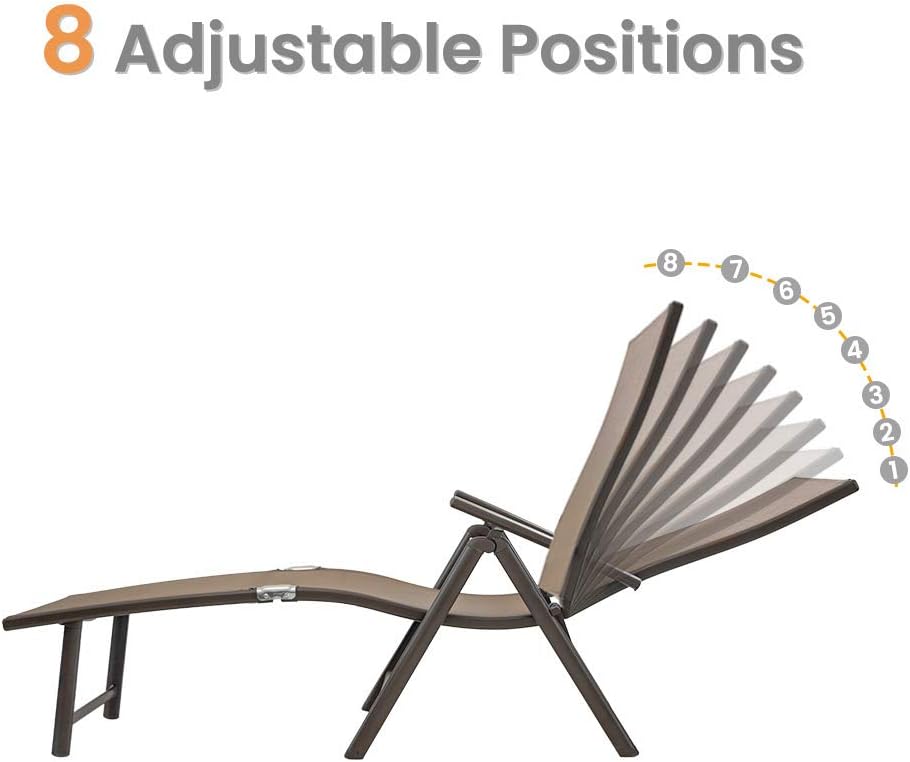 Crestlive Products Aluminum Beach Yard Pool Folding Recliner Adjustable Chaise Lounge Chair and Table Set All Weather for Outdoor Indoor, Brown Frame (Brown & Black): Furniture & Decor