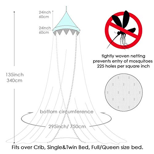 Dix-Rainbow Bed Canopy with Pom Pom Hanging Mosquito Net for Baby Crib Kids Twin Full Queen Size Bed, Lace Round Dome Fairy Netting Curtains, Kids Play Tent Reading Nook Castle Games House - Blue - Thumbnail 2