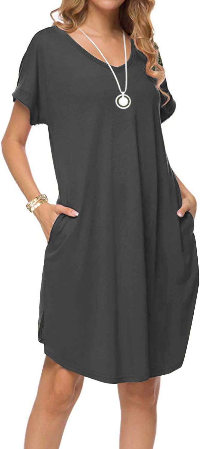 Women's Summer Casual Loose Dresses Short Sleeve V Neck Split Midi Dress with Pockets