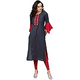 Yash Gallery Women's Cotton Slub Mirror Work Bell Sleeve Round Neck Straight Kurta