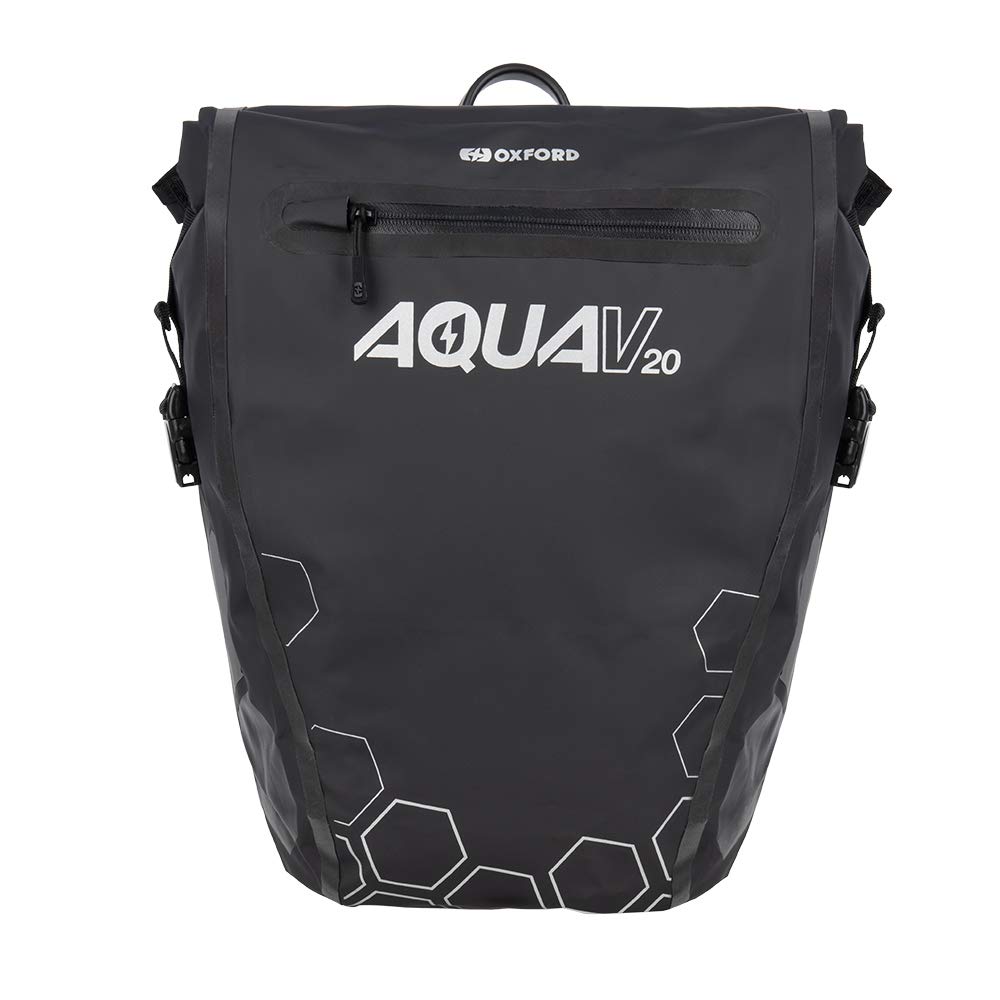 Oxford OL942 Aqua Double Pannier Bag - 20 Litre Waterproof, 360 Reflective Detailing On The Back & Sides (Black/Silver), Black / Silver