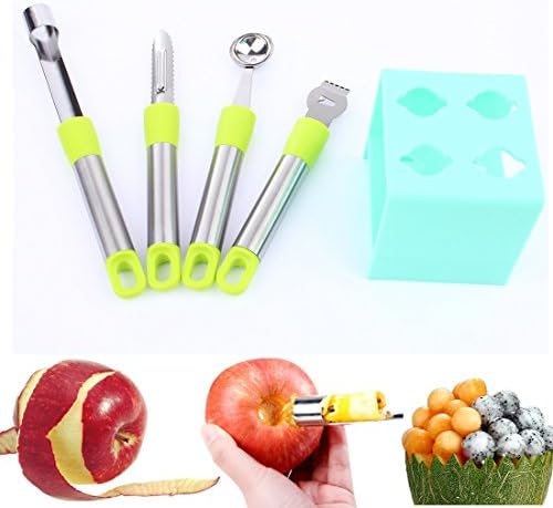 Fruit Tool Set with Holder-Apple Corer,Lemon Zester Grater, Fruit Peeler Corer,Melon Baller Scoop for Apple,Lemon,Melon(Green)