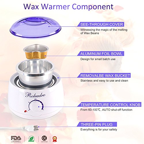 Roleadro Wax Warmer/Hair Removal Waxing Kit/Wax Heater with 4 Cans Hard Wax Beans/2 Heart-Shaped Bowl/20 Wax Applicator Sticks