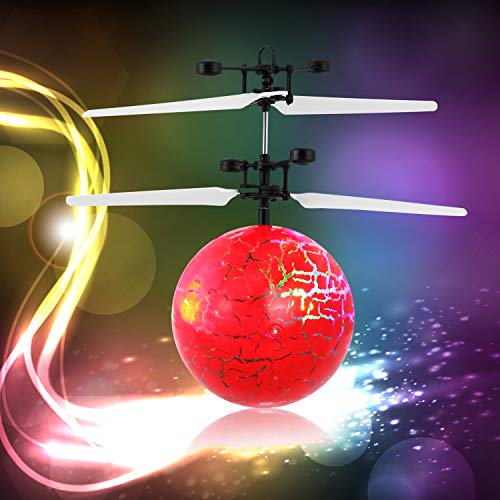 Diswoe RC Flying Ball Drone,Infrared Induction Helicopter Rainbow Shinning LED Lights,Colorful Disco Ball Drone,Rechargeable Light up Sensor RC Flying Toy Kids Adults (Red)