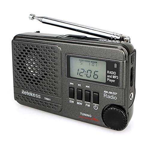 Retekess TR601 Portable Radio Transistor Radio AM FM Shortwave Radio Digital DSP Battery Operated Radio MP3 Player Support SD Card USB Port for Walking Jogging(Black)