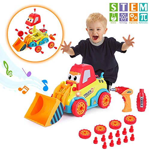 VATOS Construction Toys, STEM Toys for 3 -4 -5 Years Old Boys & Girls,  Take Apart Carwith Sounds, Lights & Drill Tool,  Build Your Own Car Kit, Toy Cars for 3+ Year Old,  DIY Assembling Bulldozer Toy