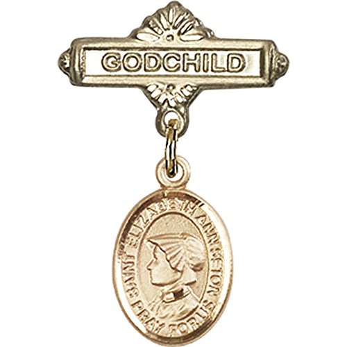 14kt Yellow Gold Baby Badge with St. Elizabeth Ann Seton Charm and Godchild Badge Pin 1 X 5/8 inches