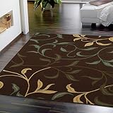 Ottomanson Brown Ottohome Contemporary Leaves Design Modern Area Rug with Non-Skid Rubber Backing 8'2"W x 9'10"L, Chocolate, 8'2" X 9'10",