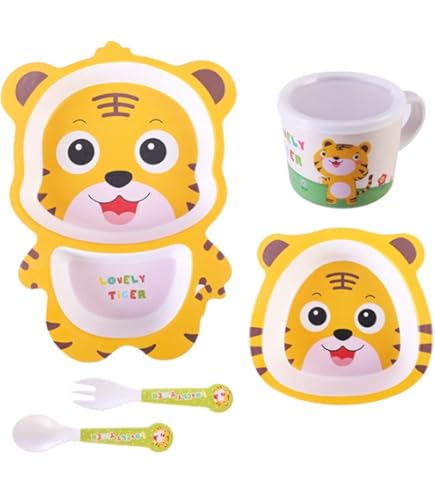 Bamboo Kids Dinnerware Set 5 Pcs Includes Plate Bowl Cup Fork Spoon Perfect For Kids BPA Little Dinosaur