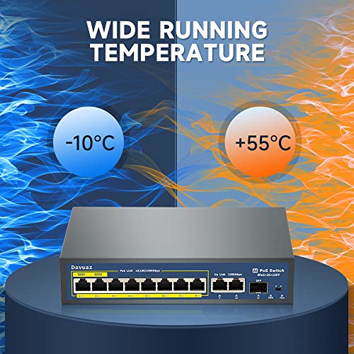 Davuaz Gigabit PoE Switch with 8 POE+ Port, 2 Gigabit Uplink Port and 1 SFP Port, IEEE802.3af/at Compliant, Up to 120W, Metal Design, Unmanaged Power Over Ethernet Switch, Plug and Play Network Switch