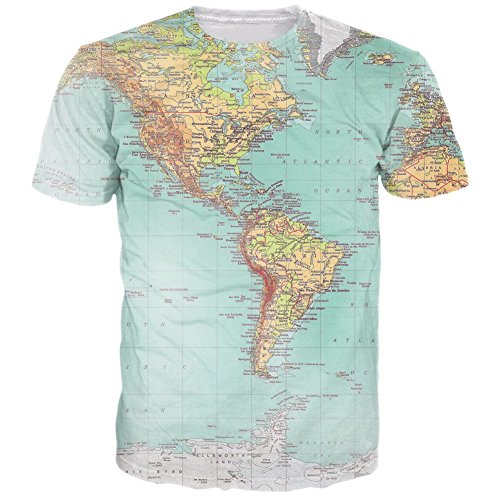 RAISEVERN Unisex 3d Map Printed Hip Hop Style T-Shirts, World Map, US X-Small / Asian Medium