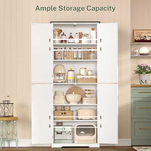 TEENFON 67" Kitchen Pantry Cabinet with 4 Doors, Farmhouse Pantry Cabinet with Adjustable Shelves, Storage Cabinet for Kitchen, Bathroom, White