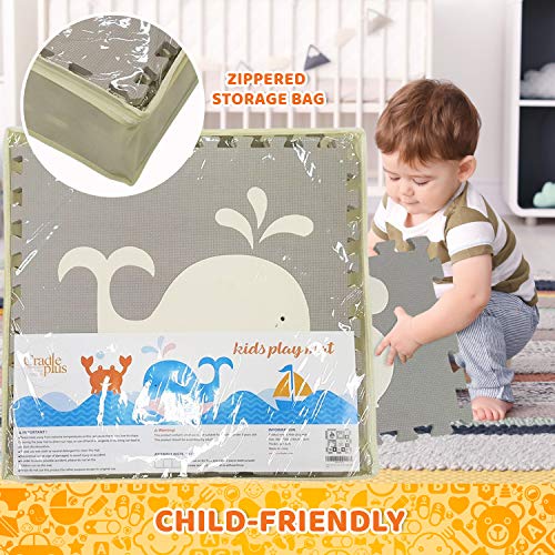 Baby Play Mat with Edges - Extra Large (6ftx6ft) Extra Thick (0.56") Interlocking Foam Tiles with Sea Creatures Patterns | Crawling Mat for Infants | Puzzle Mat for Kids (Grey and White)