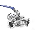 FLOW SOLUTIONS 1.5"(1.5inch) Tri Clamp Sanitary ball Valve,3 way Tee ball Valve T Port,PTFE Lined and Triclamp Triclover Stainless Steel 304,Tri Clover Ferrule with 3 pcs silicone gasket