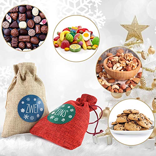 VGOODALL Adventskalender zum Befüllen, 4 Farben 24er Set Stoff Beutel mit 1-24 Adventszahlen Aufkleber Geschenk DIY Weihnachten Geschenksäckchen