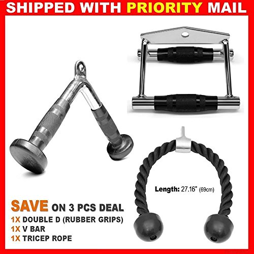 FITNESS MANIAC Double Grip Rubber Handle Pulldown Bar Tricep Rope V Shape Metal Grips bar Commercial Equipment Workout Fitness Home Gym Weightlifting Machine Attachments 3Pcs Set