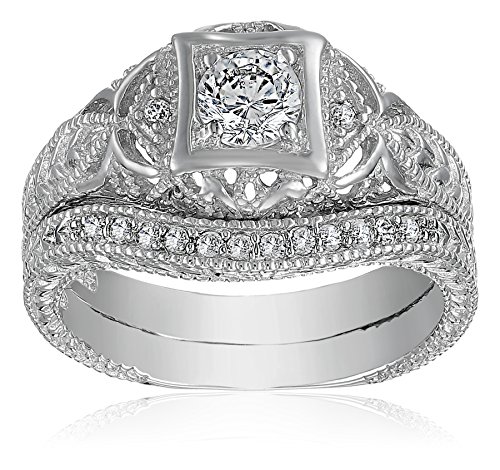 Antique Style 925 Silver Round CZ Vintage Style Waved Anniversary Wedding Ring Set