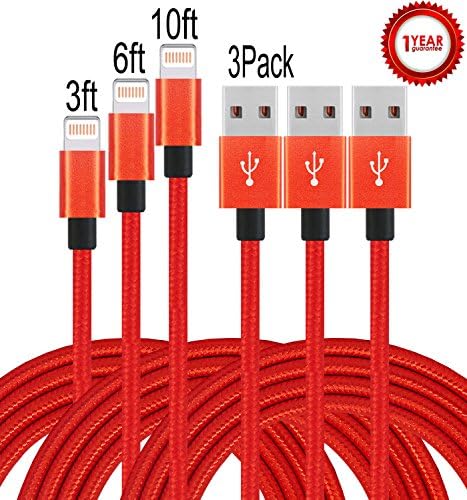 Aplenta 3pcs 3ft 6ft 10ft Nylon Braided Charging Cable Data &amp; Sync Cord 8-Pin Lightning to USB Cable Charger for iPhone 7/7 plus,iPhone SE/6/6s/6 plus/6s plus,5c/5s/5,iPad Air/Mini,iPod.(Red)