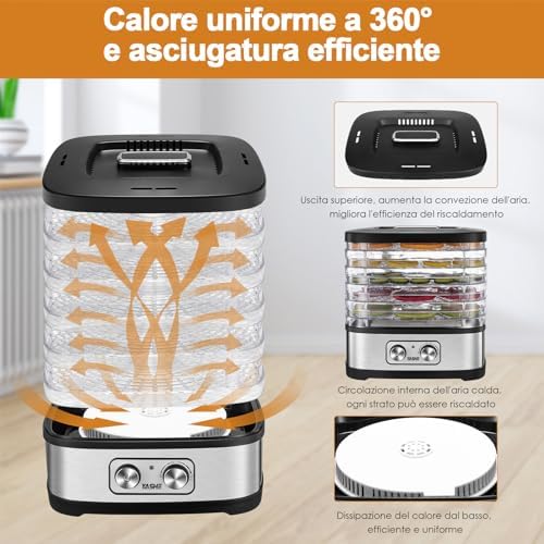 GGJ-261A Essiccatore Alimentare, 5 Vassoi, 35-70°C, Timer 72h, 240W