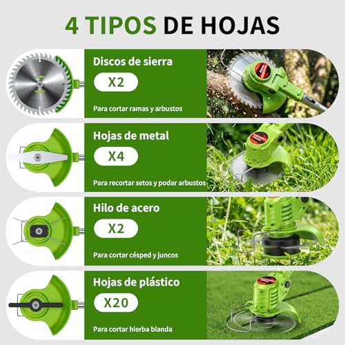 Podadora de Pasto, 4 en 1 Desbrozadora Eléctrica Inalámbrico, Cortacésped Eléctrico con Cabezal Ajustable 90°,4 Tipos de Herramientas de Corte, Portátil y Plegable–Césped, Maleza, Arbustos y Bordes