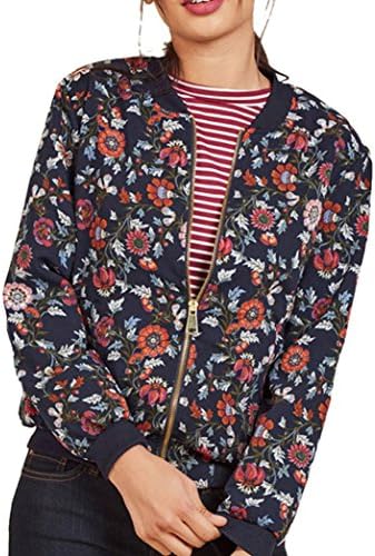 TOPUNDER Women Casual Print Zipper Vintage Blazer Jacket Coat Outwear Blouse (S, Navy)