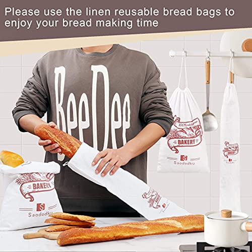 Bread Bags, 2 Pcs 11.8x17.7 and 2 Pcs 5.9x27.5 Bread Storage Bags, Made of Unglued and Unbleached Natural Flax Fabric