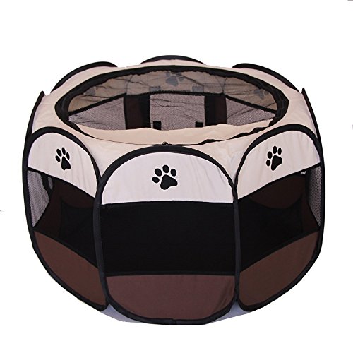 UNFADE MEMORY Portable Foldable Pet Playpen, Indoor/Outdoor, Dog/Cat/Puppy Exercise Pen Kennel, Removable Mesh Shade Cover, Dog pop up Silhouettes pet Pen - Brown, M