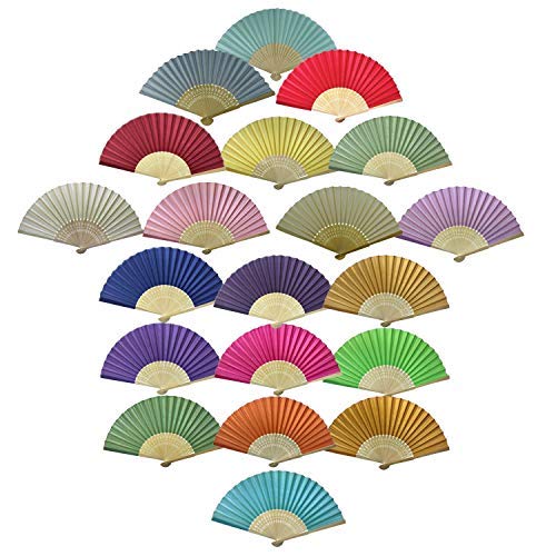 Gothi Creations Silk Hand Fans, Pack of 6 Mixed Colour Silk Fabric Hand Fans with Bamboo Ribs Wedding Party Favour Church Gifts