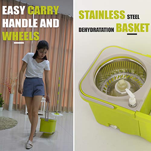 Umien Spin Mop and Bucket System - 360° Self Wringing Spinning Mop with Stackable Bucket On Wheels and 2 Machine Washable Microfiber Mop Heads - Easy to use and Store