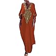Bsubseach Gold Embroidery Long Kaftan Dresses V Neck Caftan Dress Beach Cover Ups for Women Embroidery