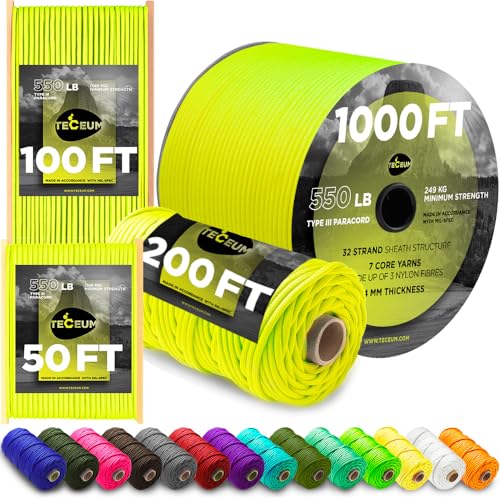 TECEUM Paracord Type III 550 Jaune Doux (Sofit Yellow) – 15 m– 4mm – Corde Tactique MIL-Spec – Paracord Outdoor – pour Le Camping et la randonnée – Corde Parachute EDC – Corde de Survie Robuste(50ft)