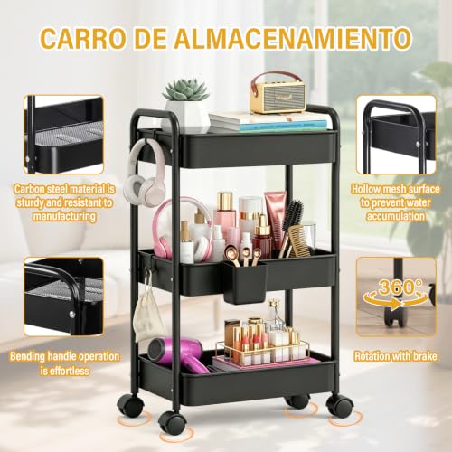 KIROGILY Carrito Organizador 3 Niveles, Carrito Organizador con Ruedas de Metal, Carritos Auxiliar con 4 Ganchos y 3 Cajas, Carritos de Servicio para Cocina Baño Estética (Negro)