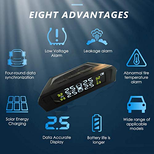 Moshbu Solar Powered TPMS Wireless Tire Pressure Monitoring System 4 Sensors DIY Tire Gauge with Auto Alarm System Real-time LED Displays for RV Trailer, External Sensor