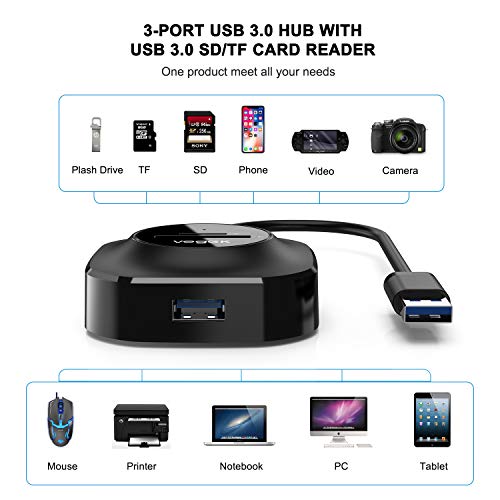 USB 3.0 Hub SD/TF Card Reader Combo, Vogek 3-Port USB 3.0 Hub with USB 3.0 TF, SD, Micro SD, SDXC, SDHC, MMC, RS-MMC, Micro SDXC, Micro SDHC, UHS-I Card Reader for Windows, Mac, Linux, Chrome - Black