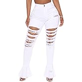 BestGirl Women's Bell Bottom Jeans Destoryed Ripped Flare Jeans Elastic Waist Raw Hem Denim Pants